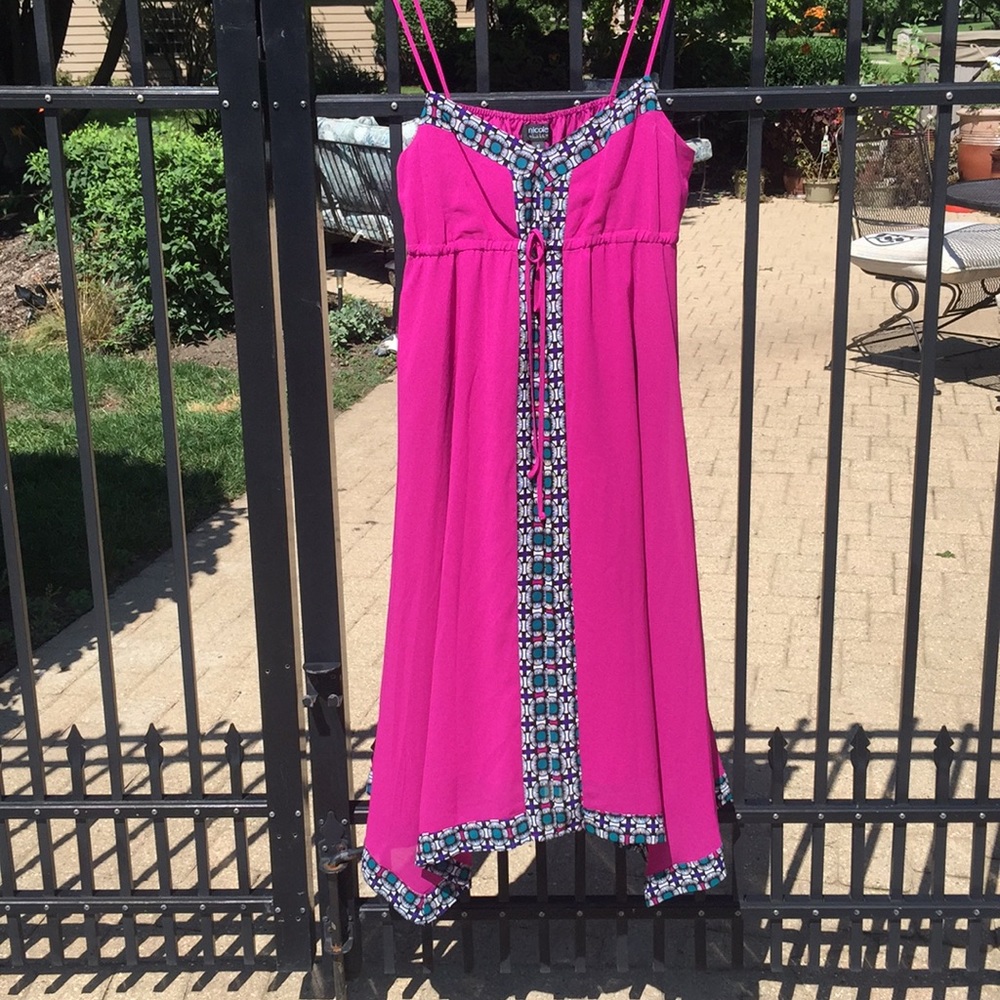 Nicole Miller Fuchsia pink geometric strappy Asymmetrical sz 12